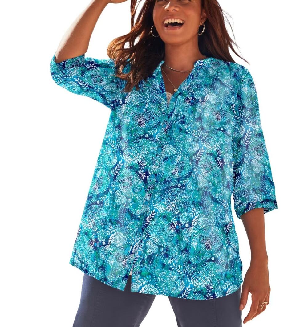 Catherines Blue Green Paisley Pintuck Blouse Boho Coastal Grandmother 2X